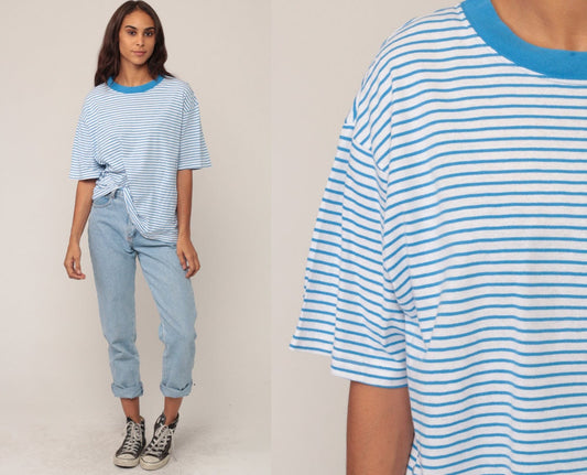 90s Blue & White Striped Ringer T-Shirt Unisex Cotton Tee Large