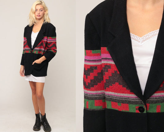 80s Southwestern Wool Blend Blazer Black Aztec Print Medium