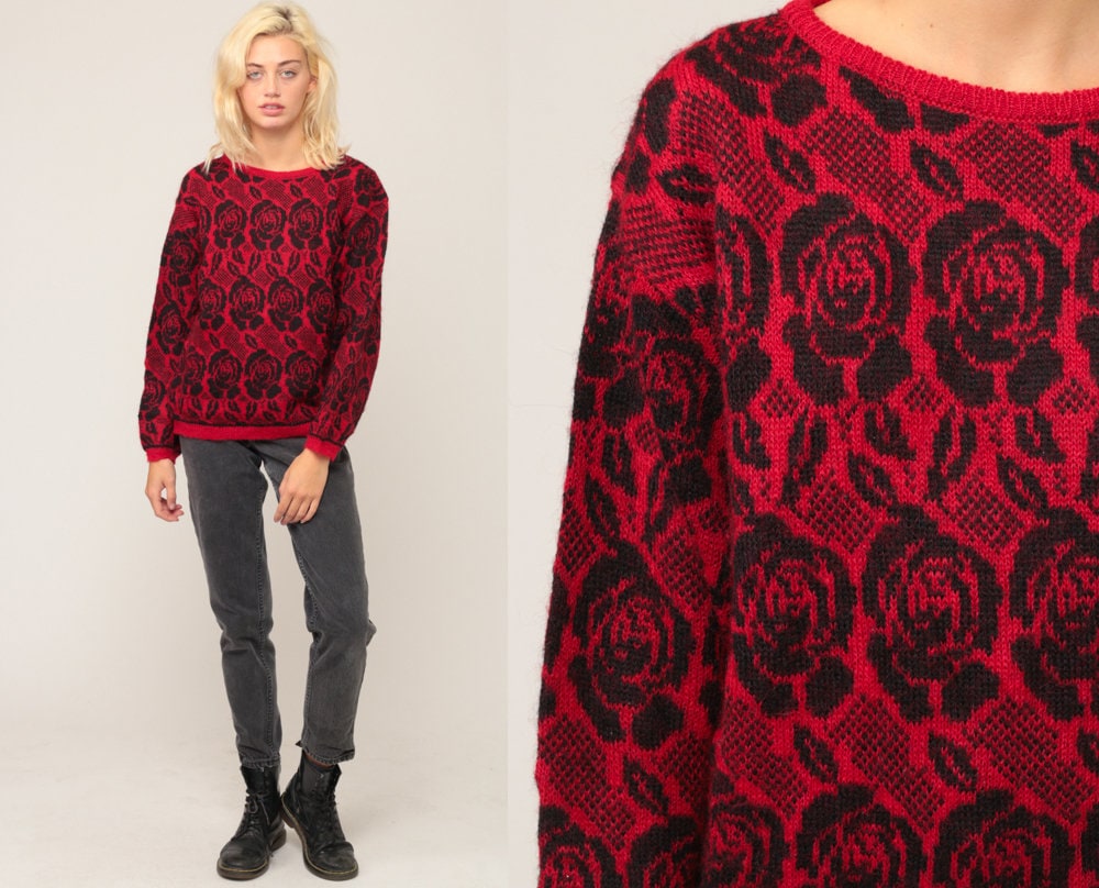 80s Wool Floral Sweater Red Black Rose Print Crewneck Medium