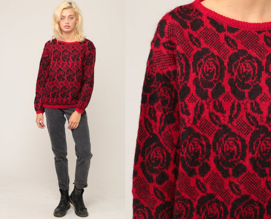 80s Wool Floral Sweater Red Black Rose Print Crewneck Medium