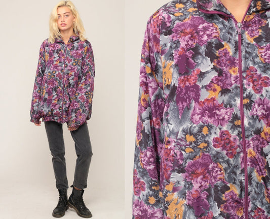 90s Purple Floral Windbreaker Jacket Nylon Zip Front Large