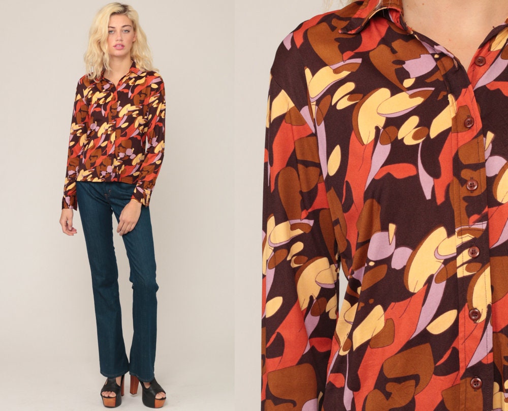 70s Psychedelic Print Button-Up Blouse Long Sleeve Brown Nylon Medium