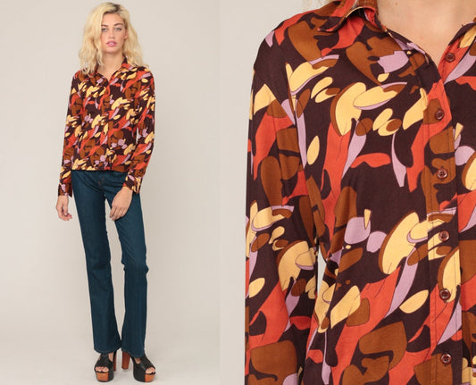 70s Psychedelic Print Button-Up Blouse Long Sleeve Brown Nylon Medium