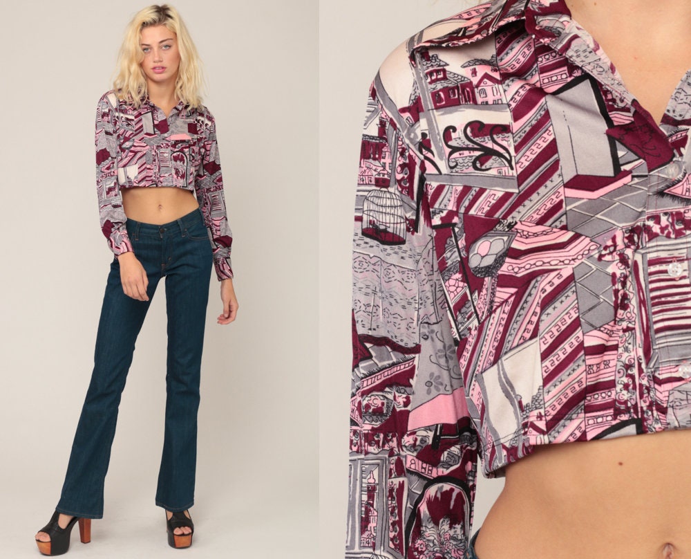 70s House Print Nylon Blouse Crop Top Burgundy Grey Long Sleeve Small