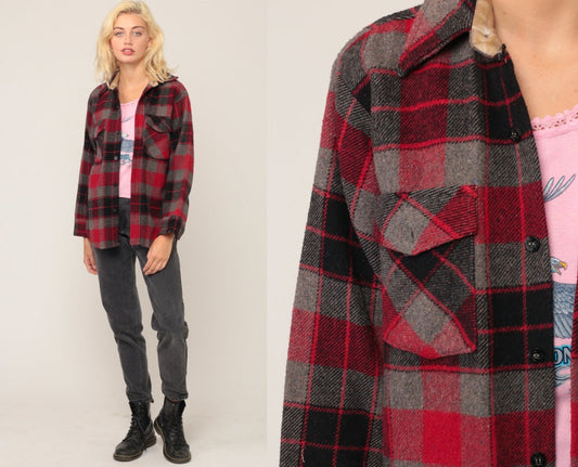 70s Wool Plaid Flannel Shirt Red Black Grey Button Up Small Medium