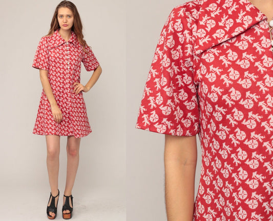 70s Rickshaw Print Shift Mini Dress Button Up Red Large