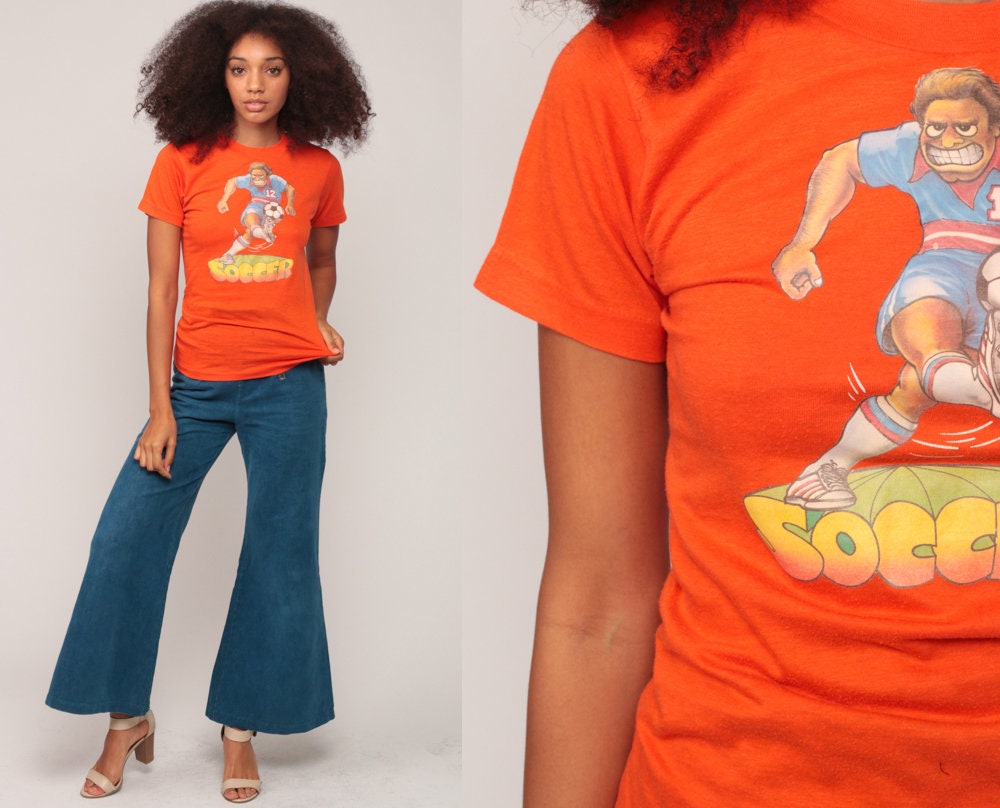 80s Soccer Graphic T-Shirt Orange Cotton Blend Extra Small XS