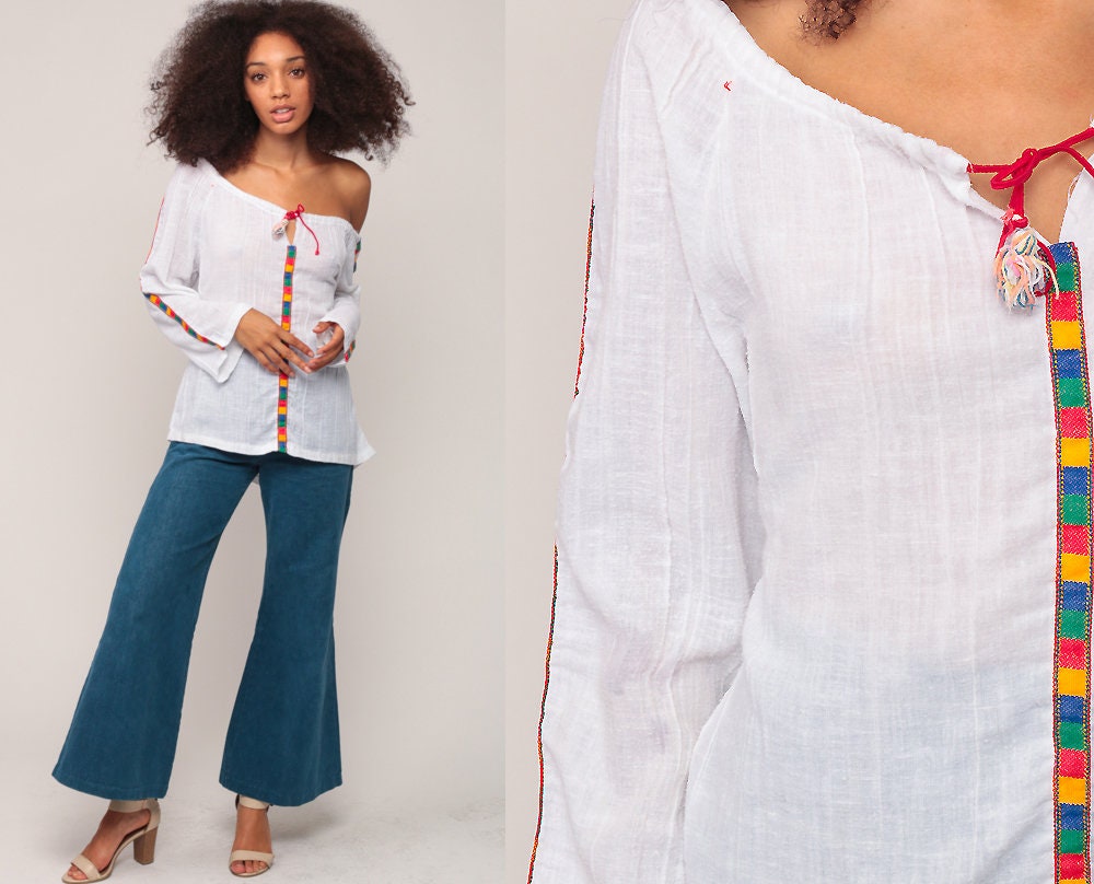 70s White Cotton Peasant Blouse Long Sleeve Drawstring Tunic Medium Large