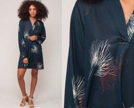 70s Feather Print Mini Shift Dress Navy Long Sleeve Collared Large