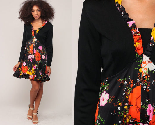 70s Floral Empire Waist Mini Dress Long Sleeve Ruffled Black Large