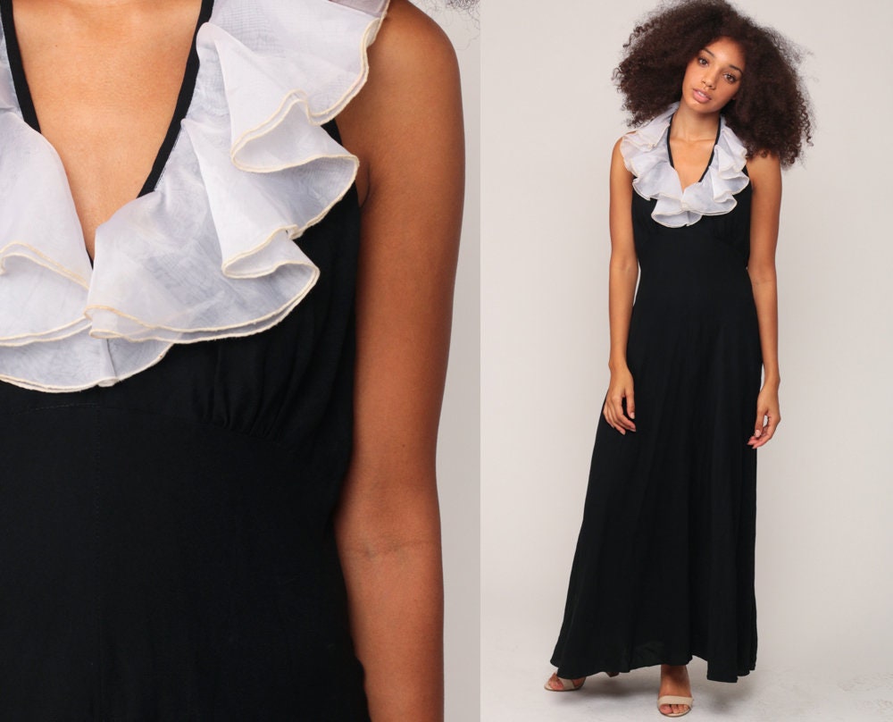 70s Black Maxi Dress Halter Neck White Ruffle Deep V Empire Waist Medium