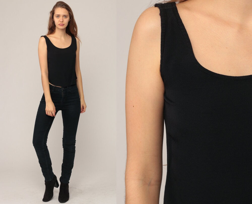 90s Black Rayon Tank Top Sleeveless Shirt Extra Small