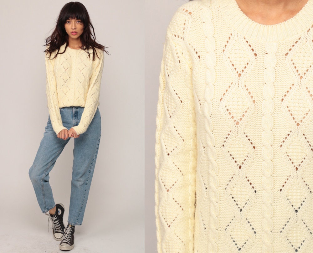 80s Wool Cable Knit Sweater Cream Fisherman Pullover Diamond Cutout Large