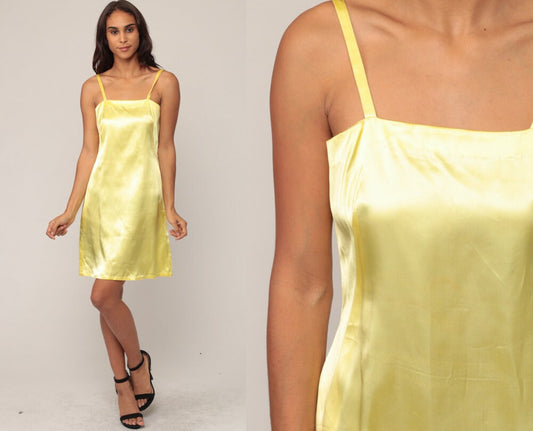 70s Yellow Mini Dress Spaghetti Strap Sheath Grecian Disco Extra Small