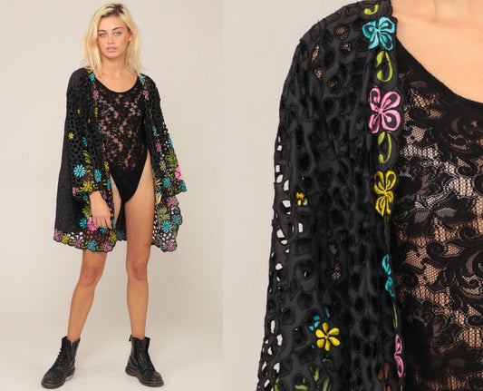 90s Black Floral Embroidered Cutwork Kimono Jacket One Size