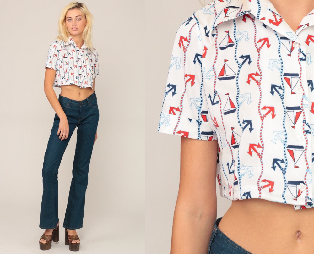 70s Nautical Crop Top White Sailboat Anchor Button-Up Blouse Small Medium