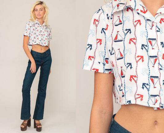 70s Nautical Crop Top White Sailboat Anchor Button-Up Blouse Small Medium
