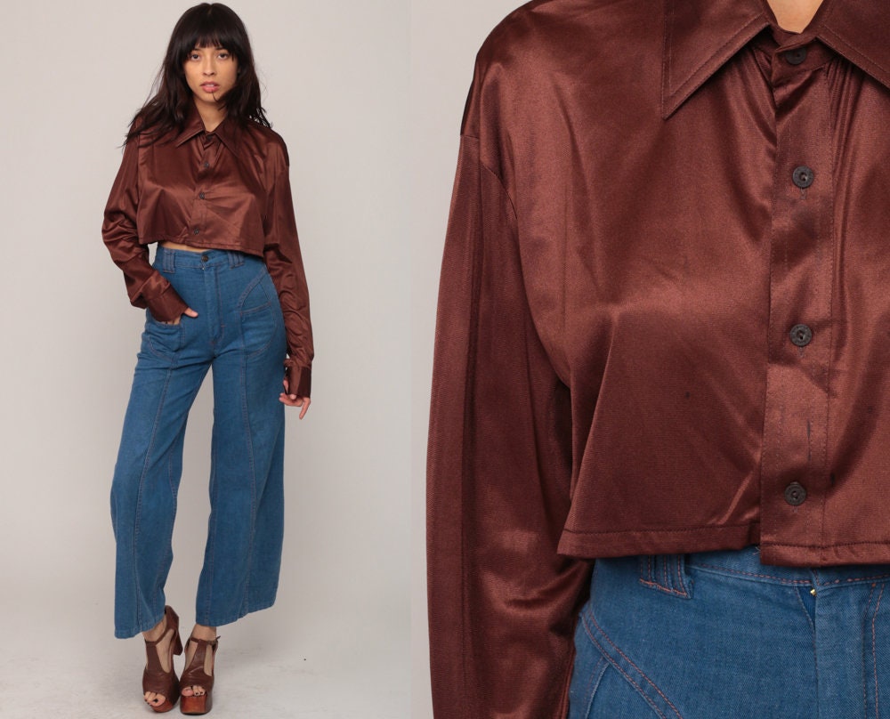 70s Brown Silky Crop Top Long Sleeve Button Up Shirt Large