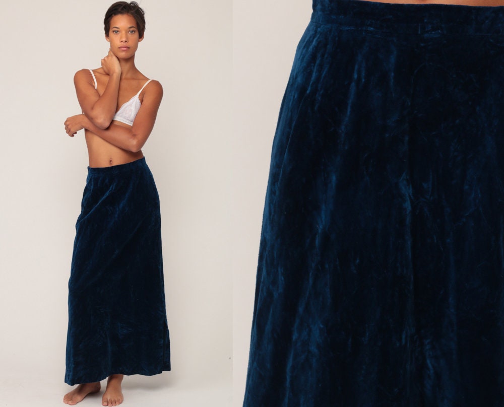 70s Blue Velvet Maxi Skirt High Waisted Side Slit Long Skirt Small