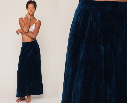70s Blue Velvet Maxi Skirt High Waisted Side Slit Long Skirt Small