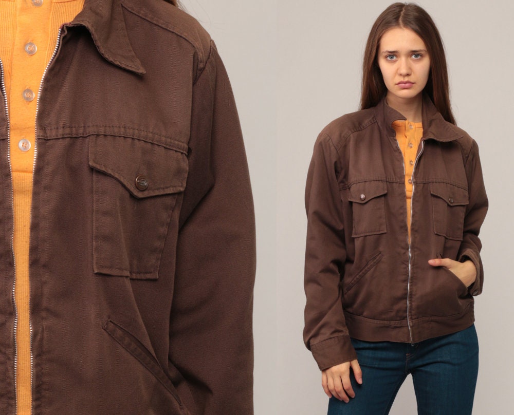80s Brown Bomber Jacket Fleece Lined Moto Coat Unisex Medium Large
