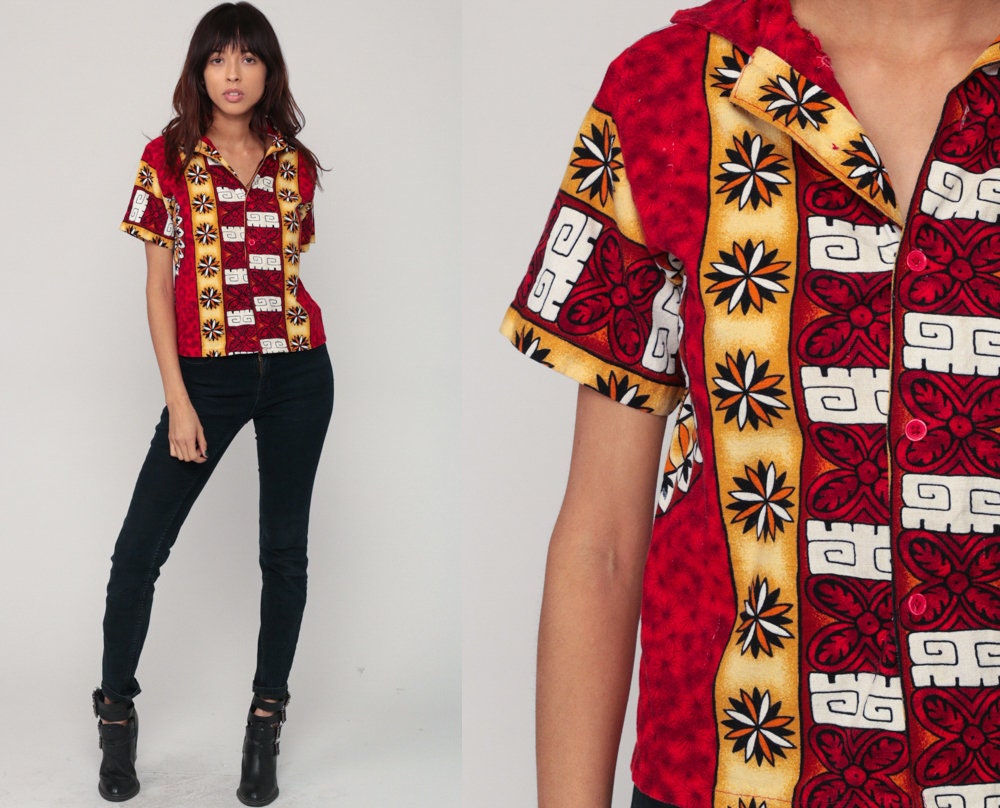 90s Hawaiian Turtle Shirt Red Button Up Tropical Small