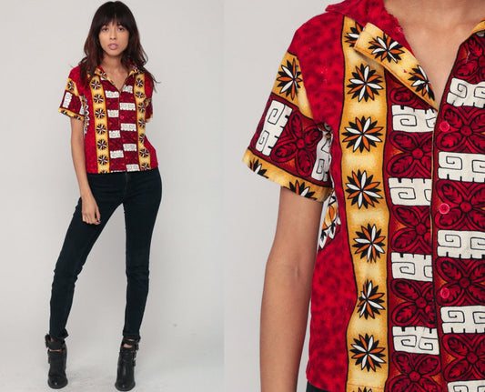 90s Hawaiian Turtle Shirt Red Button Up Tropical Small