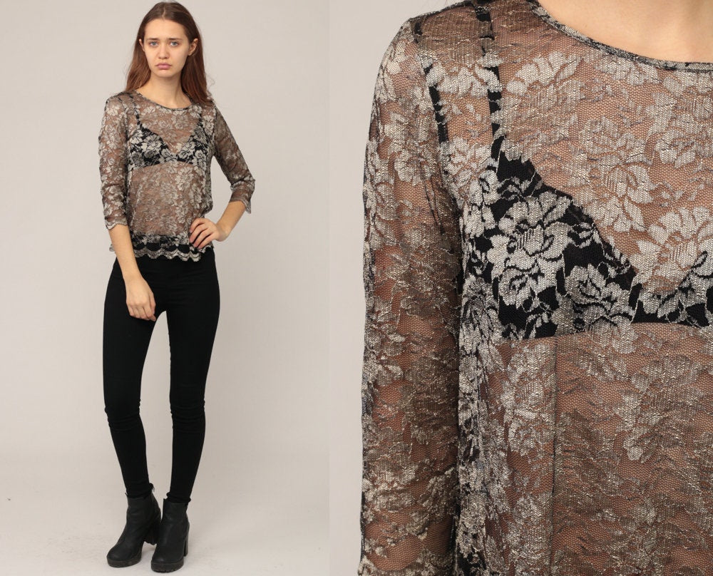 80s Metallic Lace Blouse Sheer Long Sleeve Scalloped Hem Small Medium