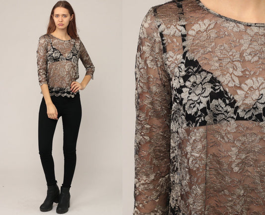 80s Metallic Lace Blouse Sheer Long Sleeve Scalloped Hem Small Medium