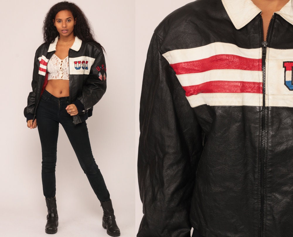 80s American Flag Leather Biker Jacket Black Moto Large