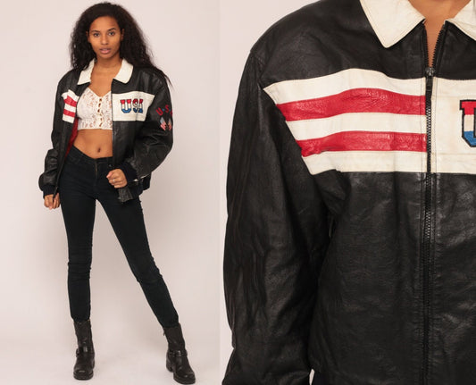 80s American Flag Leather Biker Jacket Black Moto Large