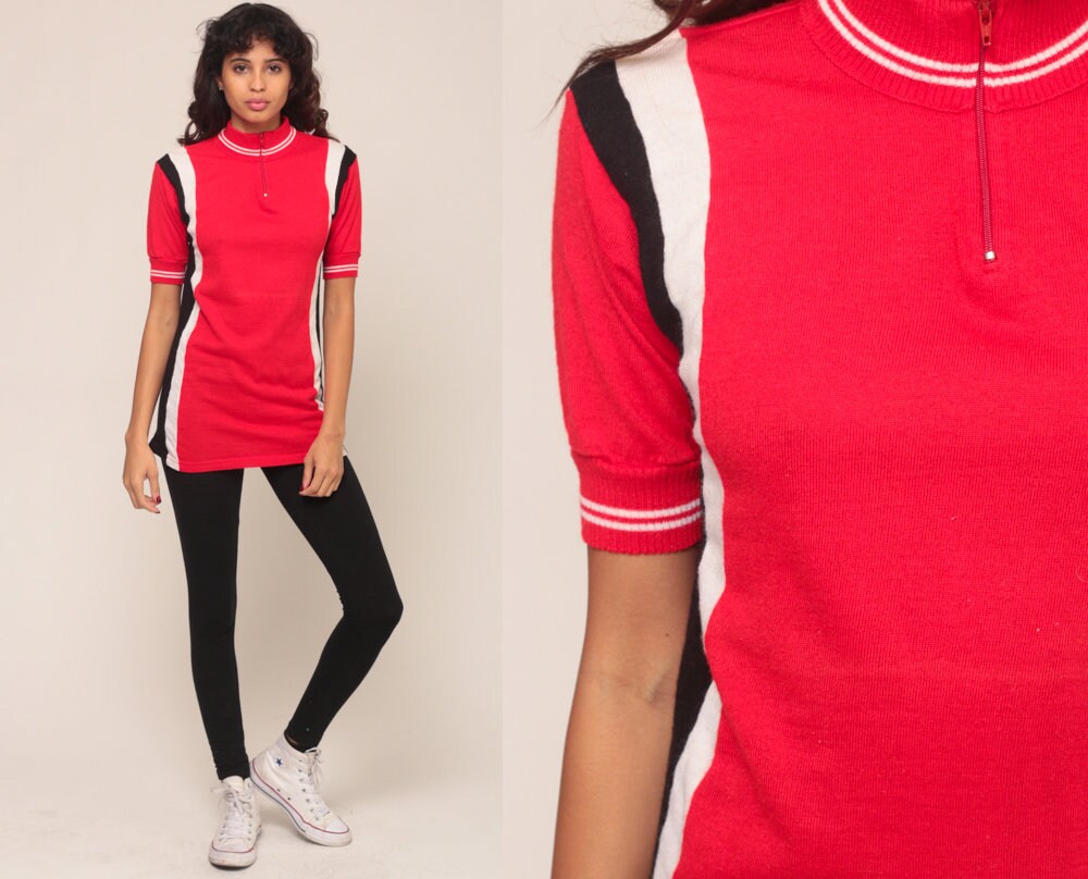 80s Wool Cycling Jersey Red Striped Zip Neck Bike Shirt Extra Small