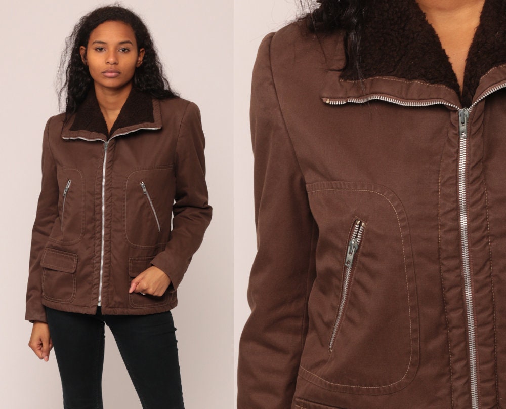 70s Brown Zip Jacket Sherpa Lining Collar Small Medium