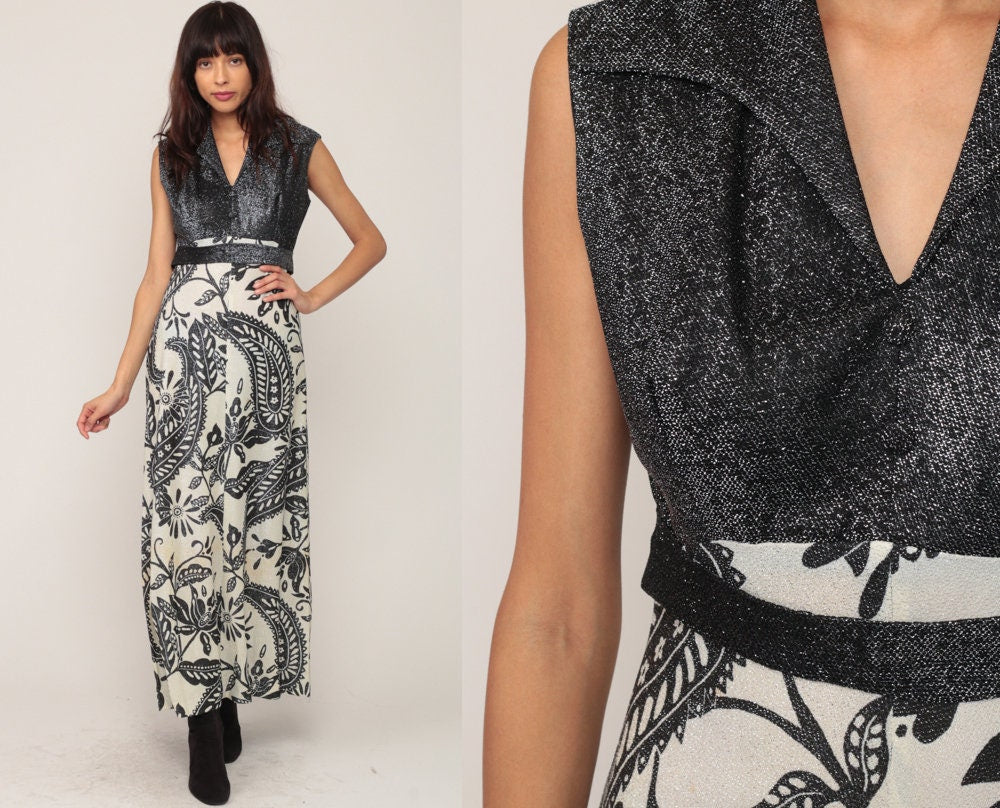 70s Metallic Paisley Maxi Dress Empire Waist Sleeveless Silver Small