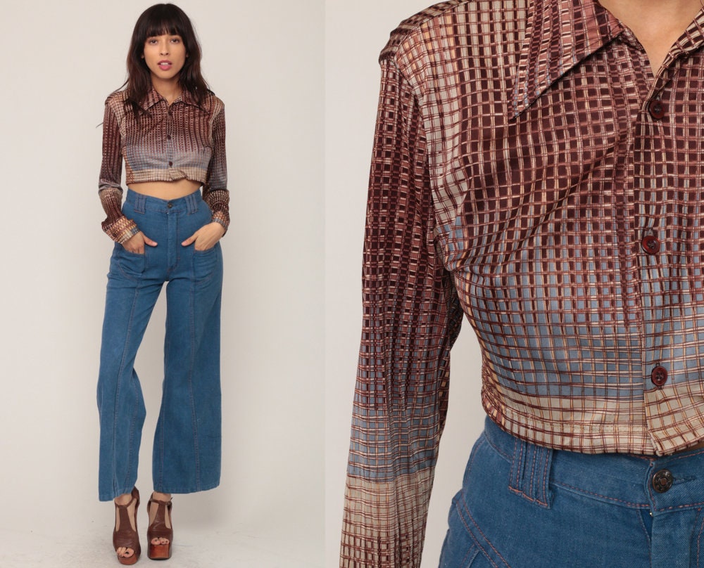 70s Checkered Button-Up Blouse Blue Brown Crop Top Small