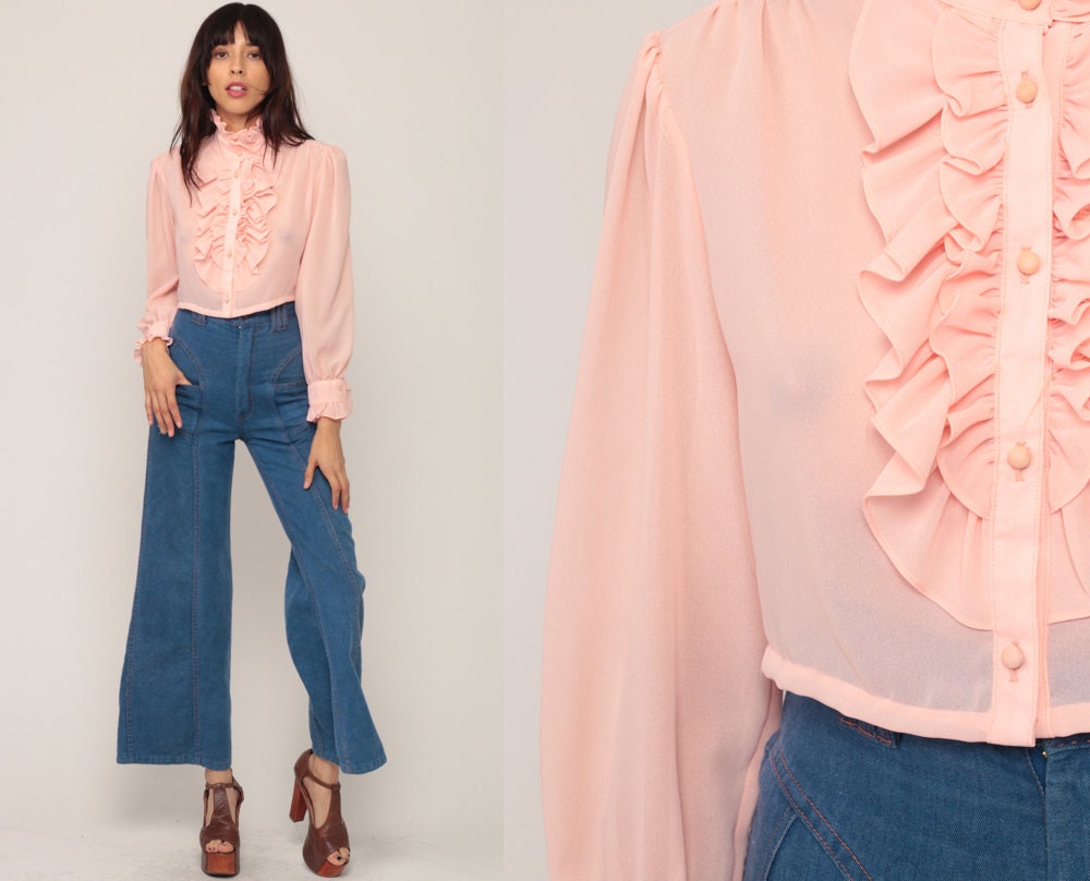 70s Baby Pink Tuxedo Blouse Crop Top Ruffle Sheer Long Sleeve Small