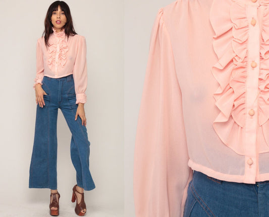 70s Baby Pink Tuxedo Blouse Crop Top Ruffle Sheer Long Sleeve Small
