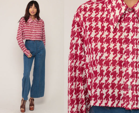 70s Houndstooth Crop Top Red Plaid Button-Up Long Sleeve Blouse Large