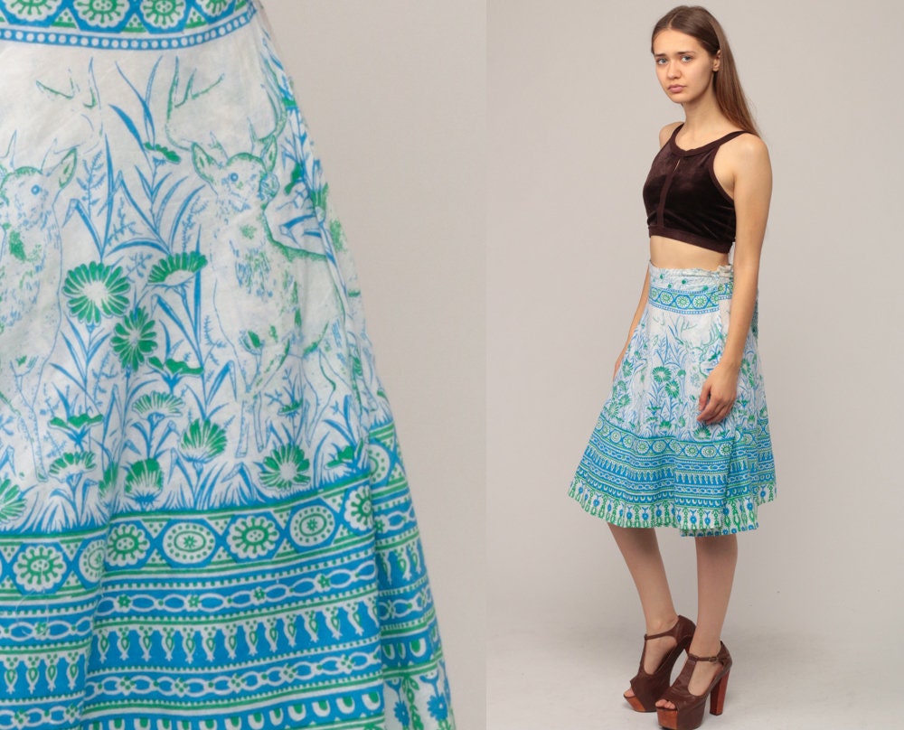 70s Deer Print Wrap Skirt Midi Cotton High Waist Blue Small-Large