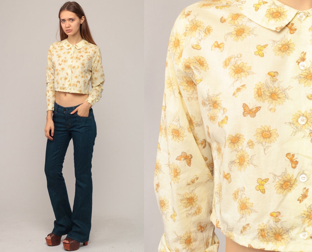 70s Butterfly Floral Shirt Peter Pan Collar Crop Top Long Sleeve Small