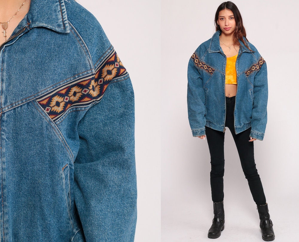 80s Denim Jacket Tribal Trim Blue Jean Bomber Medium Large