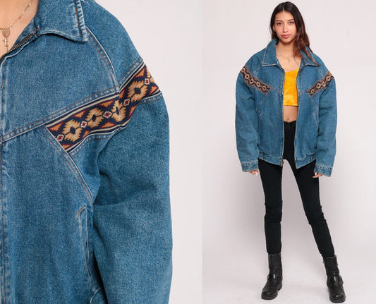 80s Denim Jacket Tribal Trim Blue Jean Bomber Medium Large
