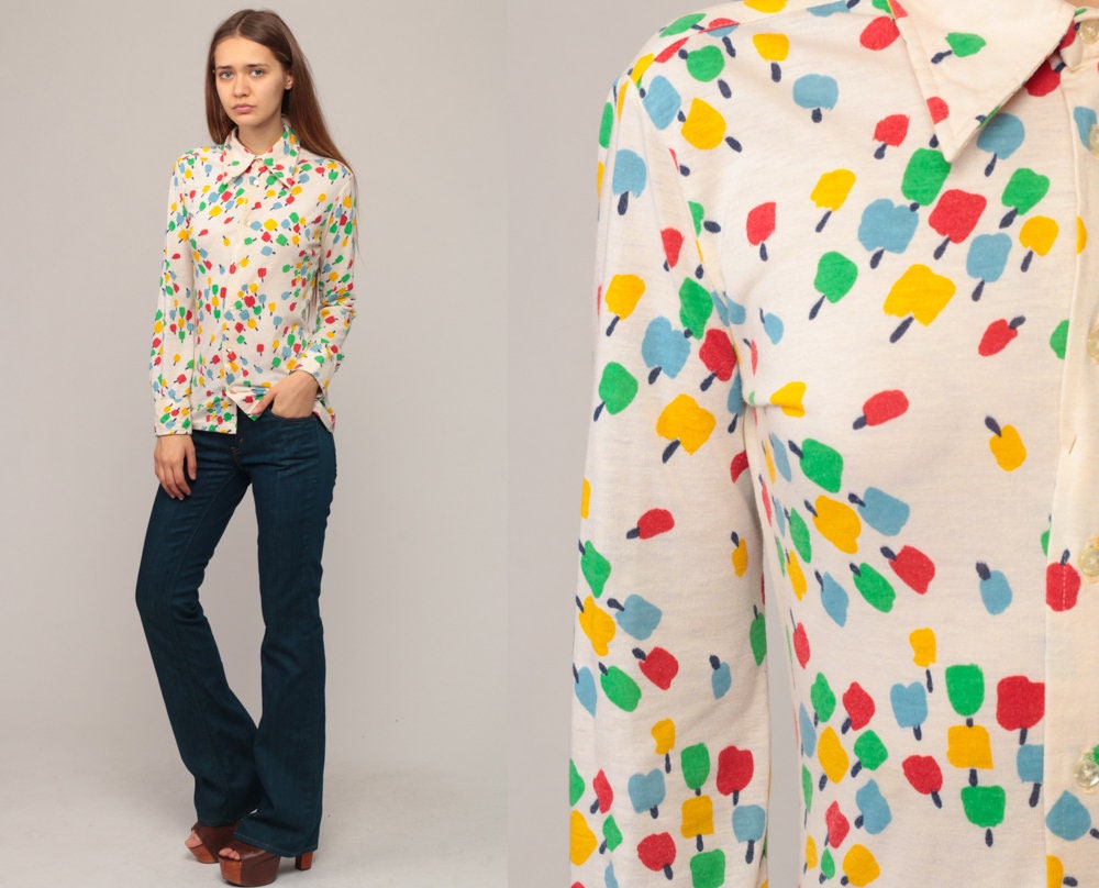 70s Givenchy Apple Print Blouse Cotton Button Up Long Sleeve Small