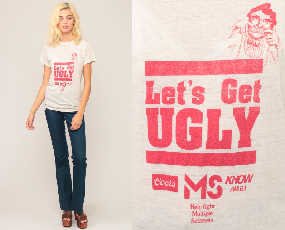 80s Let's Get Ugly Slogan Burnout T-Shirt Unisex Small