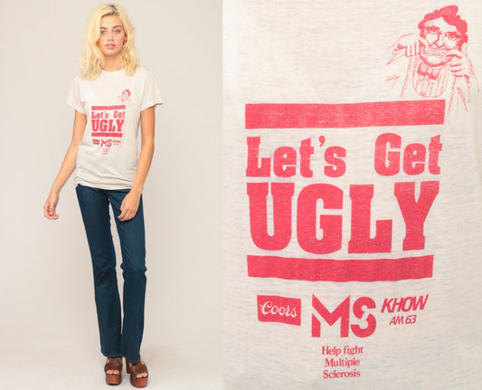 80s Let's Get Ugly Slogan Burnout T-Shirt Unisex Small