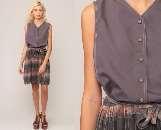 70s Grey Plaid Mini Dress High Waist Button Front Low Armhole Extra Large