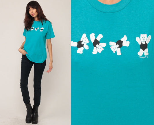 80s Aerobics Teddy Bear Graphic T-Shirt Blue Cotton Medium
