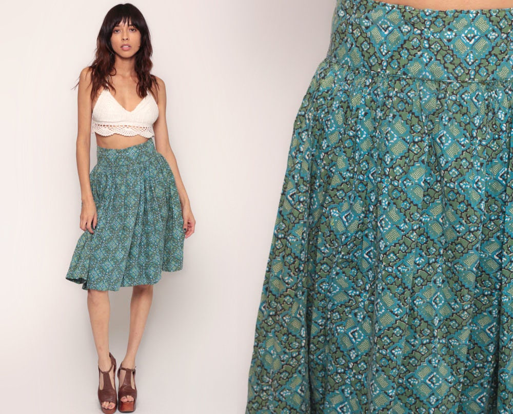 60s Circle Skirt High Waist Knee Length Green Blue Cotton Small