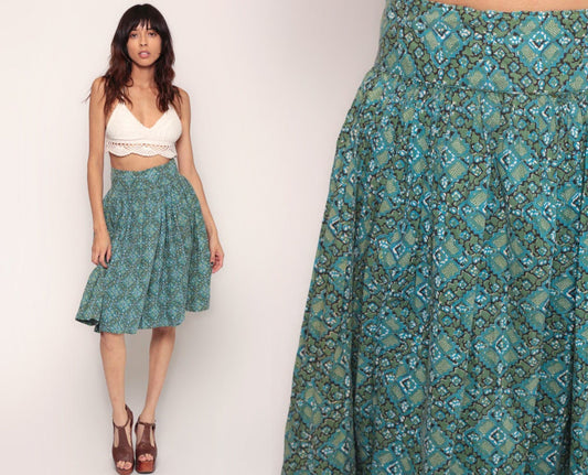 60s Circle Skirt High Waist Knee Length Green Blue Cotton Small