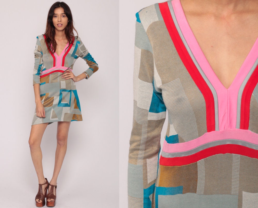 90s Geometric Colour Block Empire Waist Mini Dress Long Sleeve Deep V Grey Small
